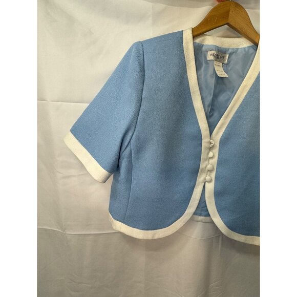 Henry-Lee, baby blue cropped Blazer Jacket with white trim Cloth Covered Buttons - Picture 6 of 8
